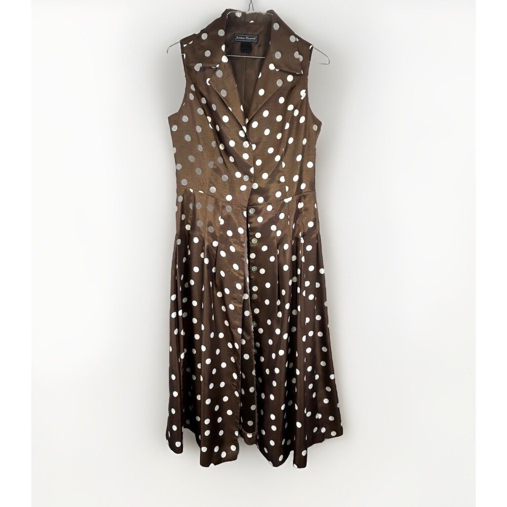 Brown & white polka dot sleeveless dress, labeled 8, but fits smaller. See pics.